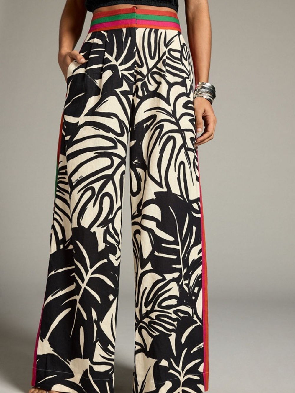 FARM Rio Black & Cream Wide-Leg Pants with Multicolor Elastic Waistband